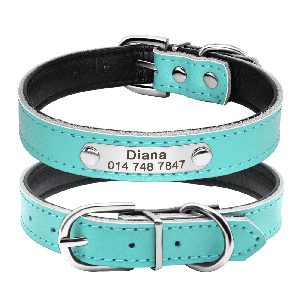 Collar de cuero para perro, accesorio personalizado con placa de identificación grabada, acolchado interior, para perros pequeños y medianos - imagen 2