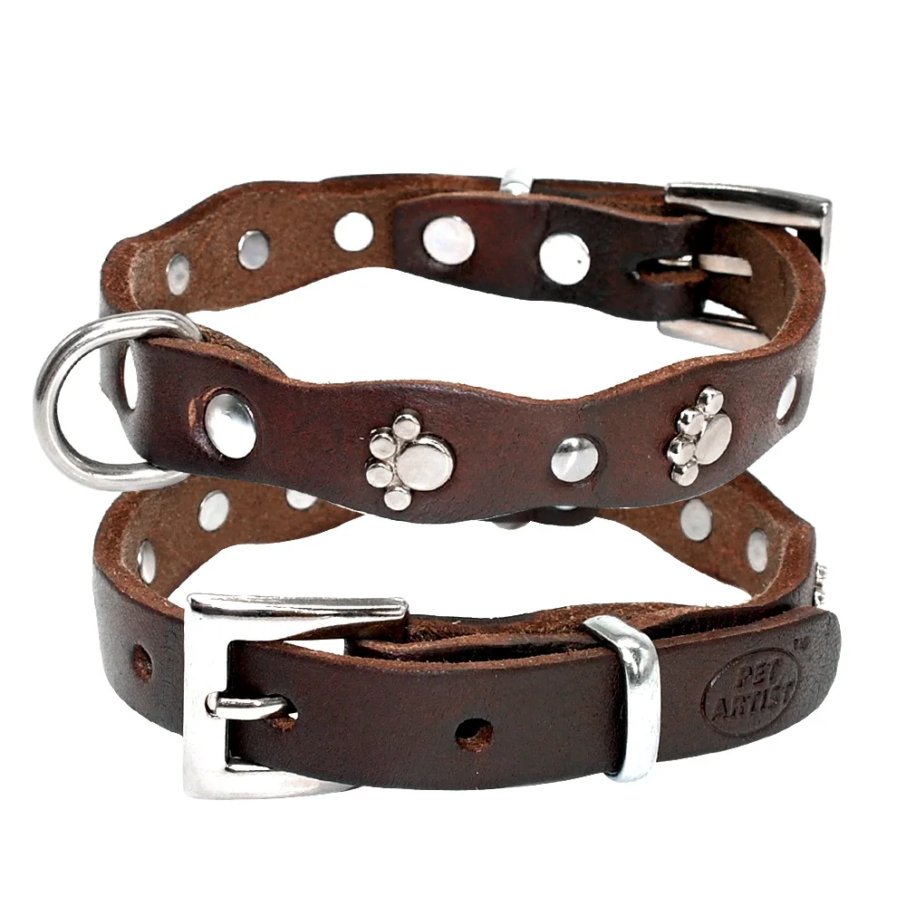 Collar de perro de cuero genuino, collares para mascotas con tachuelas ajustables suaves para perros pequeños y medianos, gatos Pitbull, Color marrón XXS XS S M - imagen 2