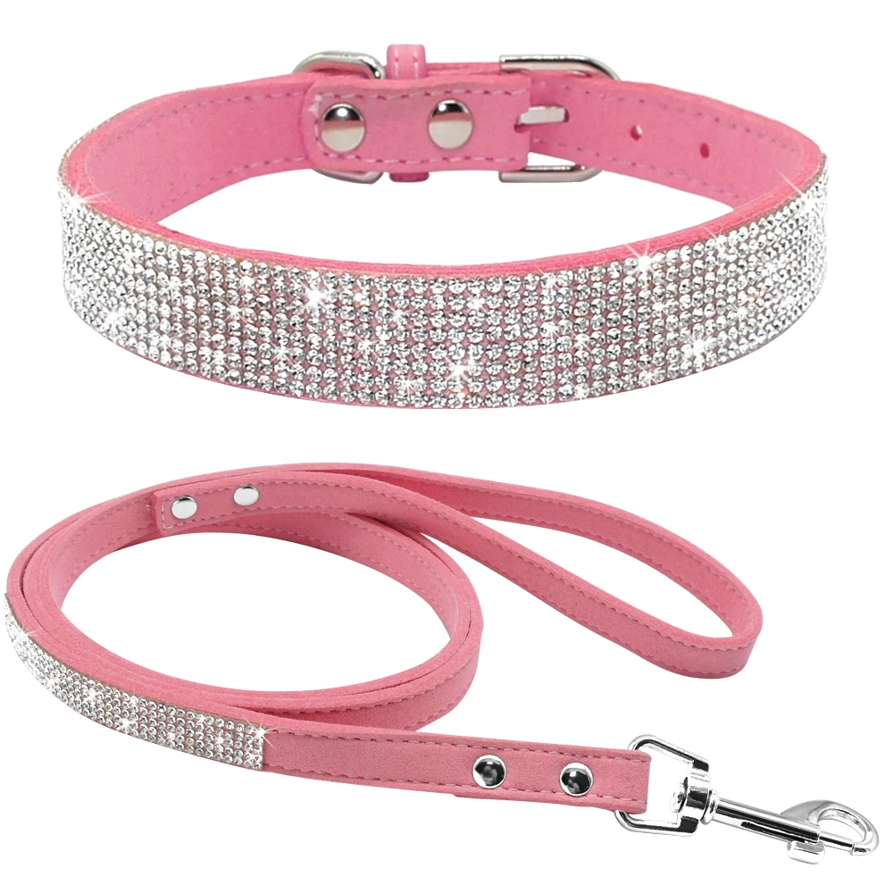 Didog-collar de cuero de ante para cachorros, conjunto de correas ajustables con diamantes de imitación para gatos, correas para caminar para mascotas pequeñas y medianas XS S M - imagen 2
