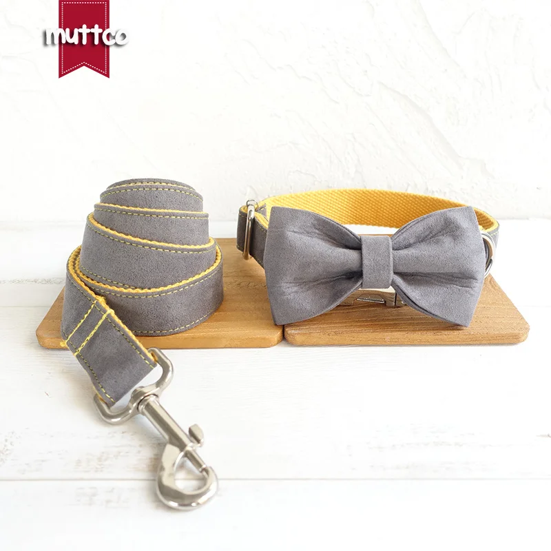 MUTTCO vende al por menor collar de perro de diseño propio CUBIERTA GRIS AMARILLO hecho a mano poliéster satinado y nylon gris y amarillo collar y correa UDC026 - imagen 5