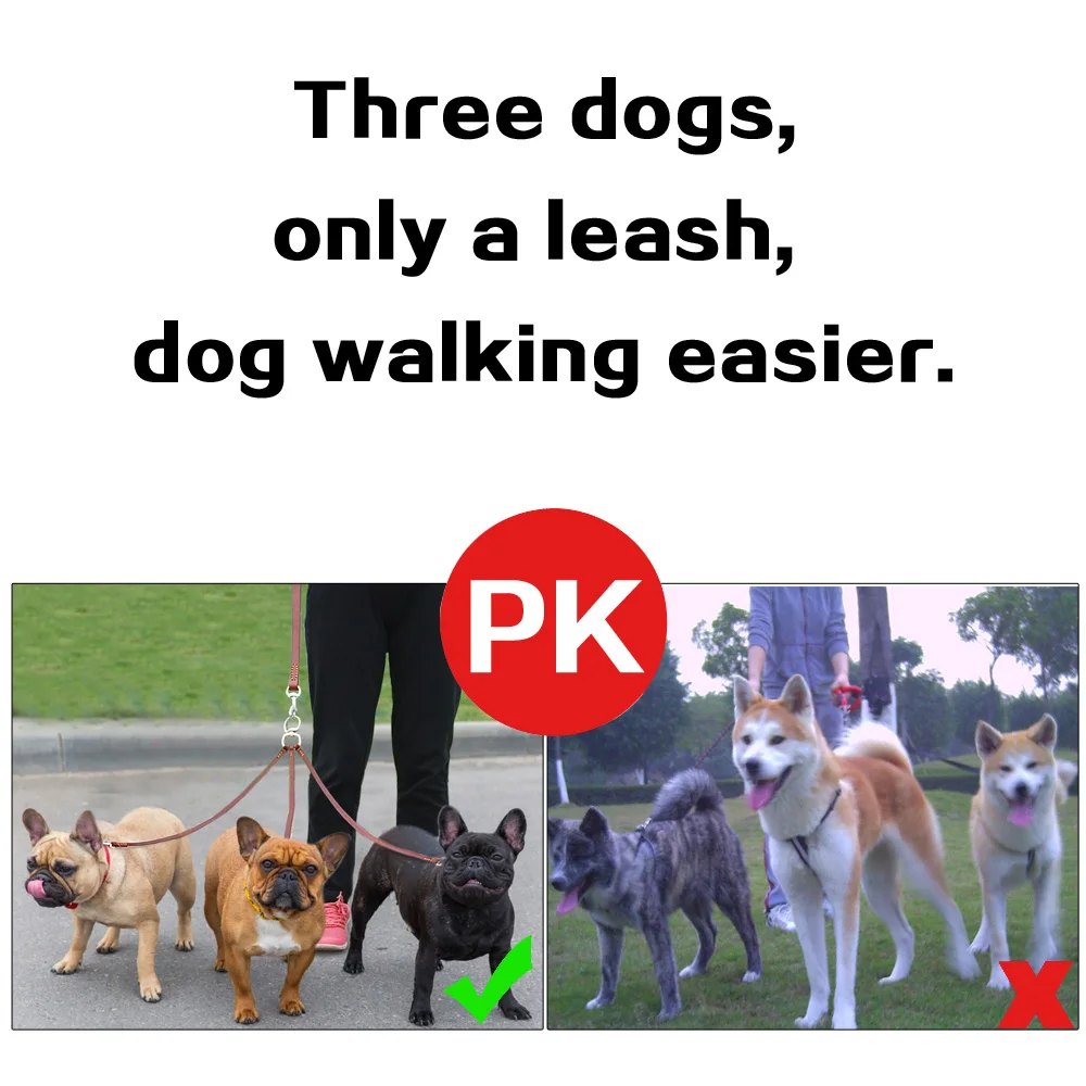 Acoplador de correa de tres vías para perro, Correa Triple de cuero sin enredos para caminar, 1 o 3 perros pequeños y medianos, Color marrón - imagen 5