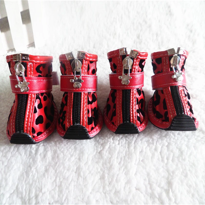 4 unids/set zapatos de cuero de leopardo dorado para perros, botas antideslizantes de PU para perros pequeños, zapatos impermeables para perros de peluche y gatos, botines para cachorros ZL353 - imagen 4