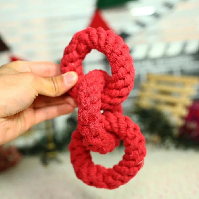 Venta al por mayor de juguete de cuerda redonda roja, juguete para mascotas de algodón para perros con dientes moler DRT-004 - imagen 4