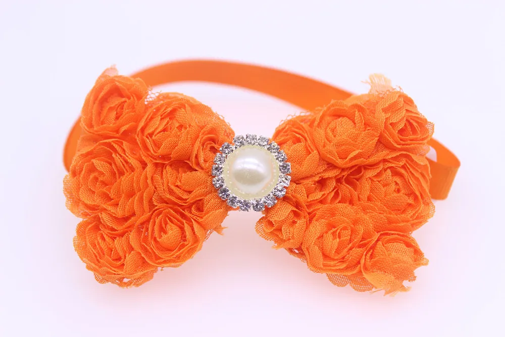 Perro pequeño con lazo de gasa rosa en el cuello tras la peluquería