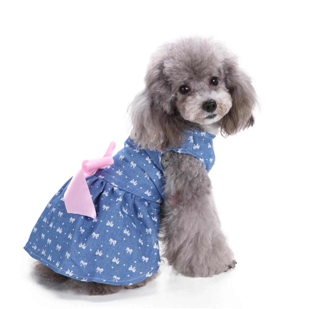 Vestido vaquero de poliéster para mascotas, ropa bonita de princesa con lazo, 4 tamaños, para verano y primavera, 1 piezas, 2017 - imagen 5