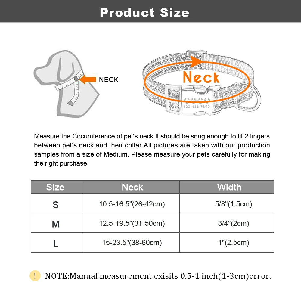 Tabla de tallas del collar reflectante personalizado para perros