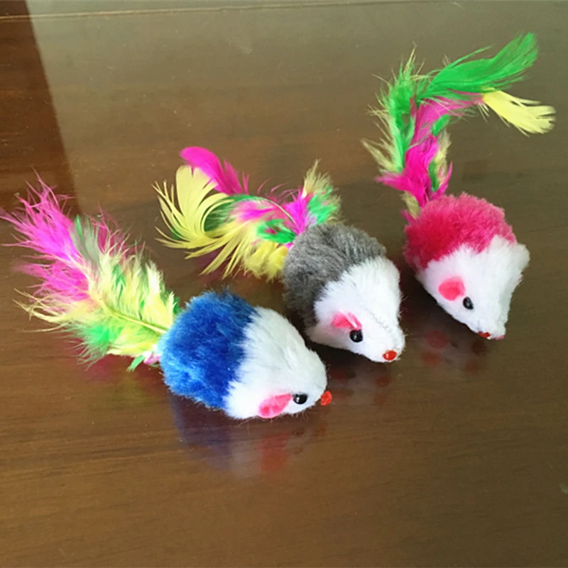 Mini ratón falso de lana suave para gatos, juguetes con plumas coloridas, divertidos juguetes de entrenamiento para gatos, gatitos, cachorros, suministros para mascotas - imagen 3