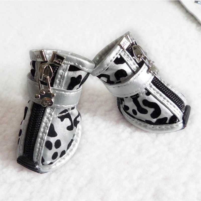 4 unids/set zapatos de cuero de leopardo dorado para perros, botas antideslizantes de PU para perros pequeños, zapatos impermeables para perros de peluche y gatos, botines para cachorros ZL353 - imagen 2