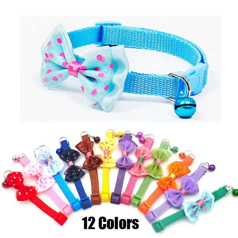 wholesale Collar de perro de poliéster ajustable de 100 piezas para mascotas personalizado con collar con colgante de campana con lazo para perros y gatos pequeños - imagen 2
