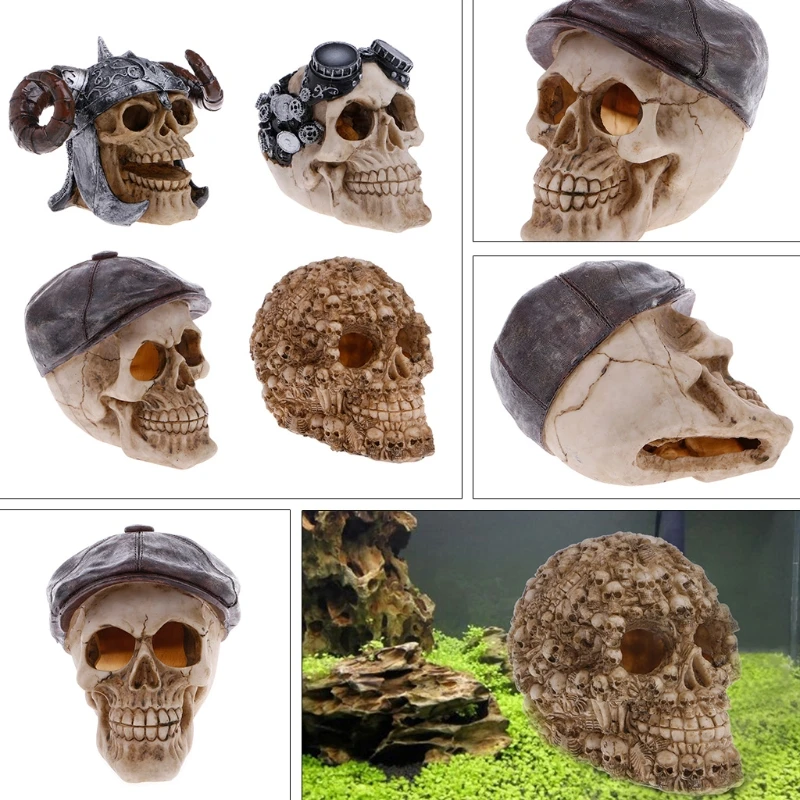 Estatua de calavera de hueso con cabeza de isla de Pascua de resina, terrario, reptil, cueva oculta, acuario, pecera, decoración de paisaje, accesorios de adorno - imagen 3