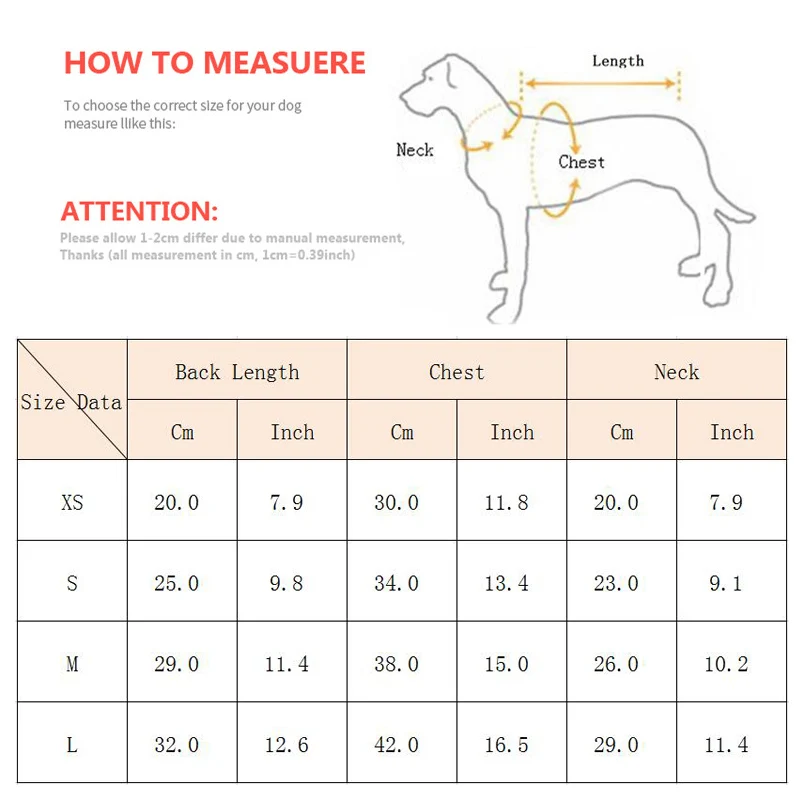 Tabla de tallas del suéter para perros - guía de medidas