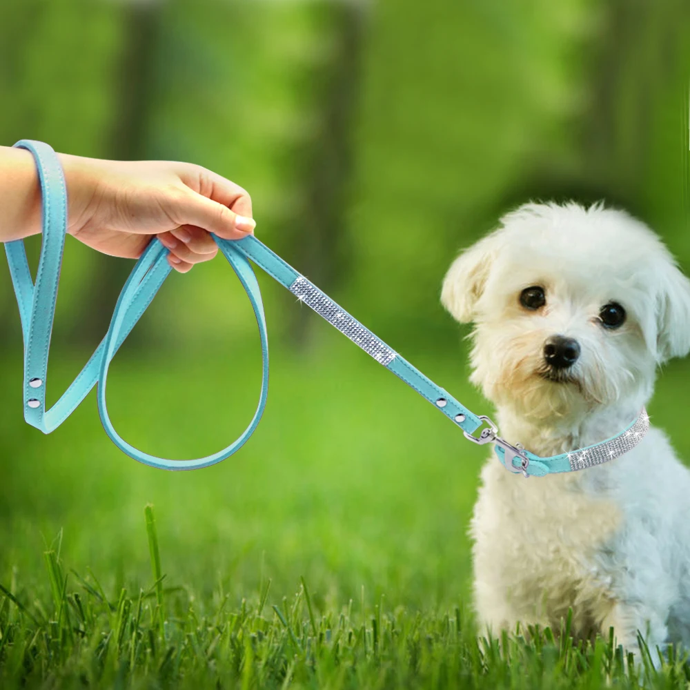 Didog-collar de cuero de ante para cachorros, conjunto de correas ajustables con diamantes de imitación para gatos, correas para caminar para mascotas pequeñas y medianas XS S M - imagen 5