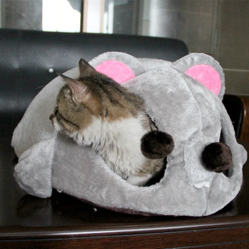 Divertida cama con forma de ratón para gatos, perros pequeños, almohadillas de cueva, cojín extraíble, fondo impermeable, estera para cachorros y gatos, casa, suministros para mascotas - imagen 3