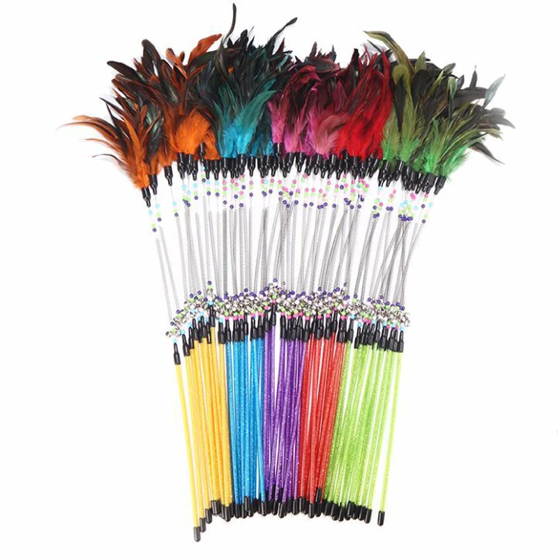 Varillas de resorte divertidas de plumas de colores para gatos, varitas de plástico interactivas con cuentas de campanas, suministros para mascotas - imagen 2