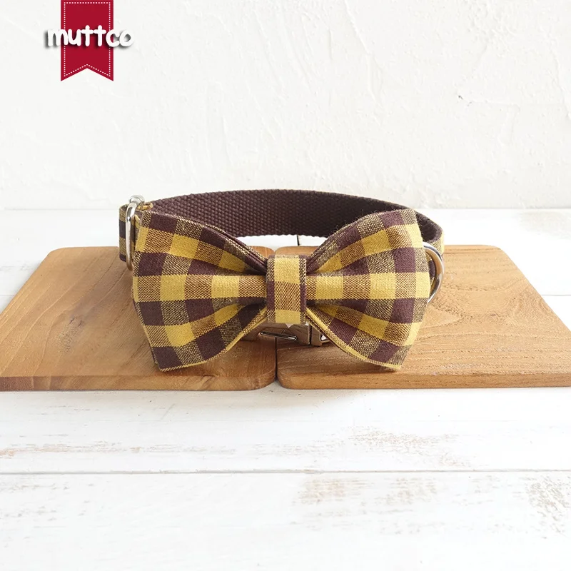 Collar de mascota grabado MUTTCO, collar personalizado individual, correa de cuello básico flexible plaid amarillo marrón, 5 tamaños UDC067 - imagen 4