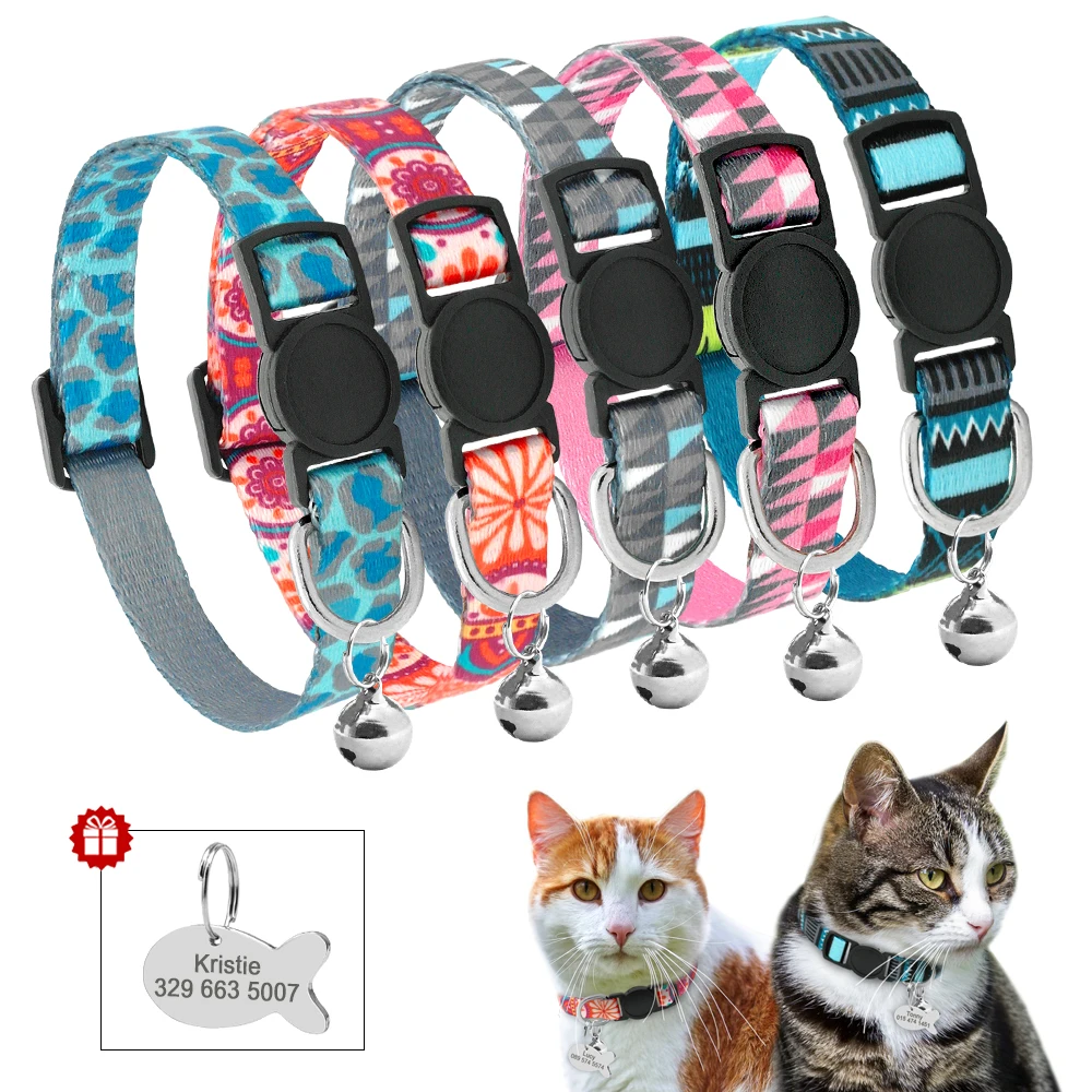 Collar de seguridad personalizado para gatos, collares para cachorros y gatitos con etiqueta de nombre de campana, accesorios para collares con estampado de nailon para gatos y mascotas