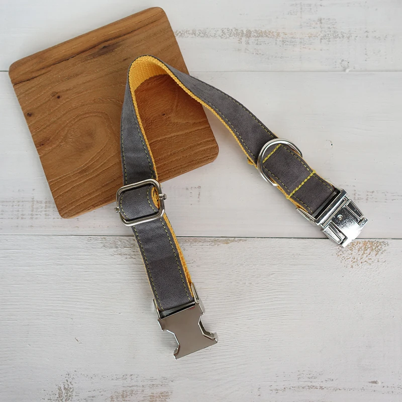 MUTTCO vende al por menor collar de perro de diseño propio CUBIERTA GRIS AMARILLO hecho a mano poliéster satinado y nylon gris y amarillo collar y correa UDC026 - imagen 2
