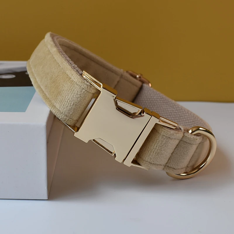 Conjunto de correa para Collar de perro de tela grabada gratis, Collar para mascota mediana y grande con pajarita, Collar de terciopelo caqui con nombre, franela 09 - imagen 4