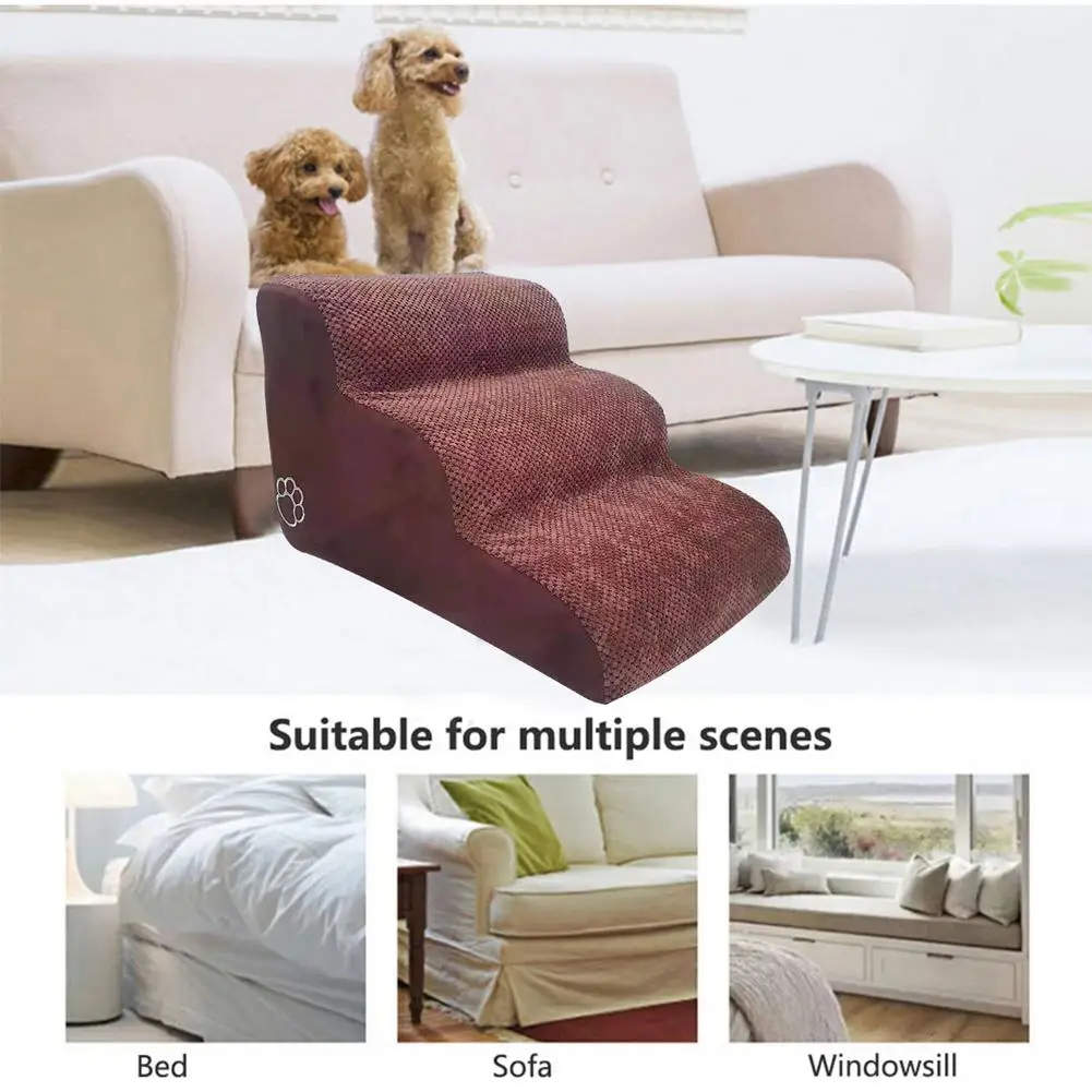 Escalones de espuma para perros, escaleras de 3 escalones con cubierta extraíble, color marrón y gris, 23,62x16,54x15, 35 pulgadas de franela y alta densidad - imagen 3