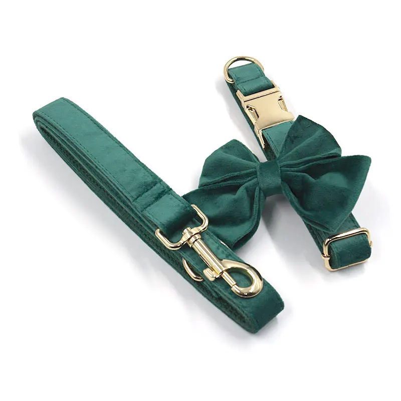 Collar y correa de terciopelo verde navideño para perros pequeños y grandes, Collar para mascotas con hebilla de oro rosa con grabado personalizado y lazo grande - imagen 5