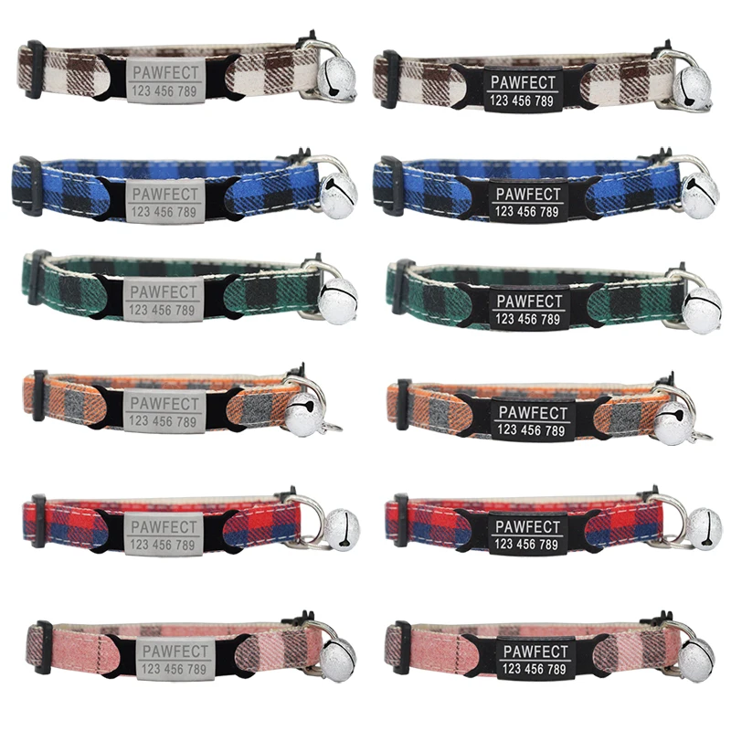 Collar de gato a cuadros, ID personalizado, collares para perros pequeños, hebilla de seguridad, grabado gratis, ajustable con campana para cachorro, collar de gatitos - imagen 4