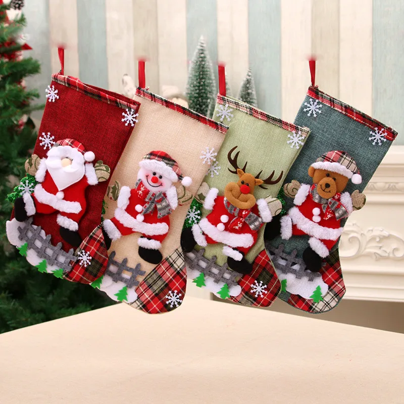 Medias de Papá Noel para niños, bolsas de dulces, adornos de árbol de Navidad, colgantes, bolsa de regalo de lino, decoración colgante de chimenea, suministro de fiesta - imagen 2
