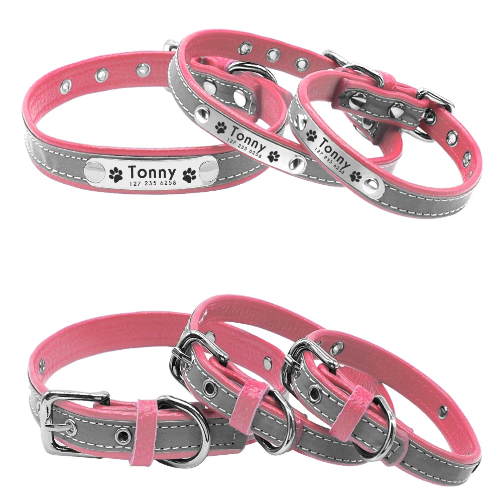 Dos collares de perros rosados ​​y grises con el nombre de Tony en ellos