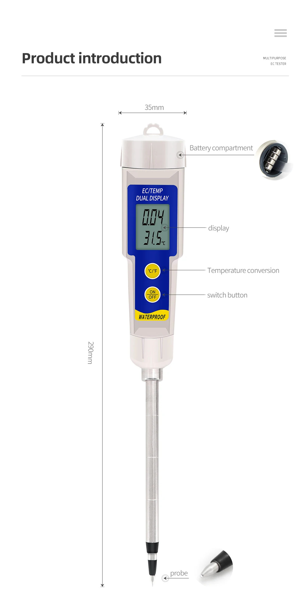 Probador de suelo EC-315 multifunción 2 en 1, medidor de temperatura EC del suelo, Monitor de calidad del agua portátil, probador EC para suelo de acuario de laboratorio - imagen 3