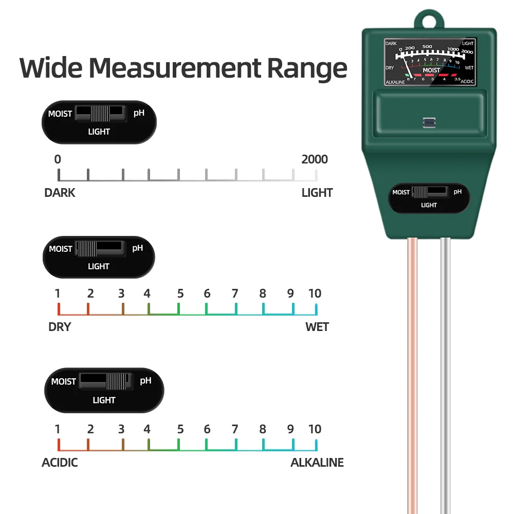 Probador de suelo portátil 3 en 1, medidor de PH de humedad del suelo, Detector de luz de humedad, Analizador de acidez de flores de plantas con Mini herramienta de jardín - imagen 5