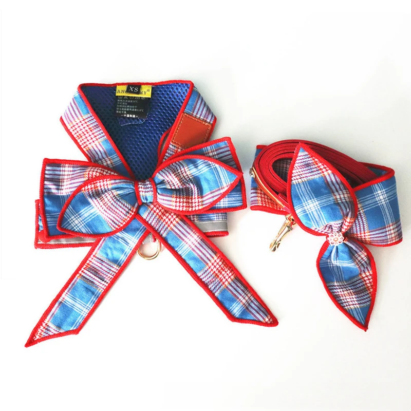Conjunto de arnés con falda y lazo para perro y gato, ropa de lujo a cuadros, chaleco para cachorro, arnés para caminar, correa para gatos, perros pequeños y medianos - imagen 4