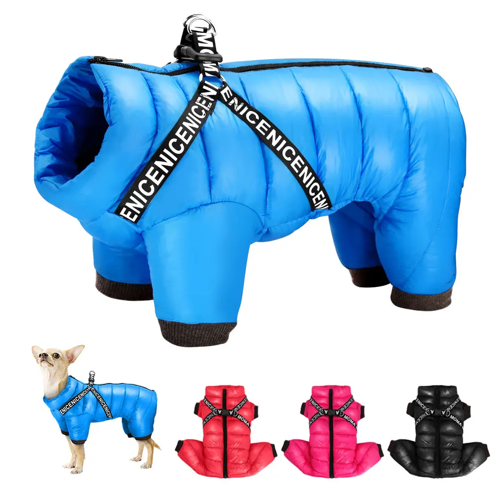 Ropa cálida para perros con arnés, chaqueta gruesa de invierno para perros, abrigo impermeable para mascotas, mono suave para perros pequeños y medianos