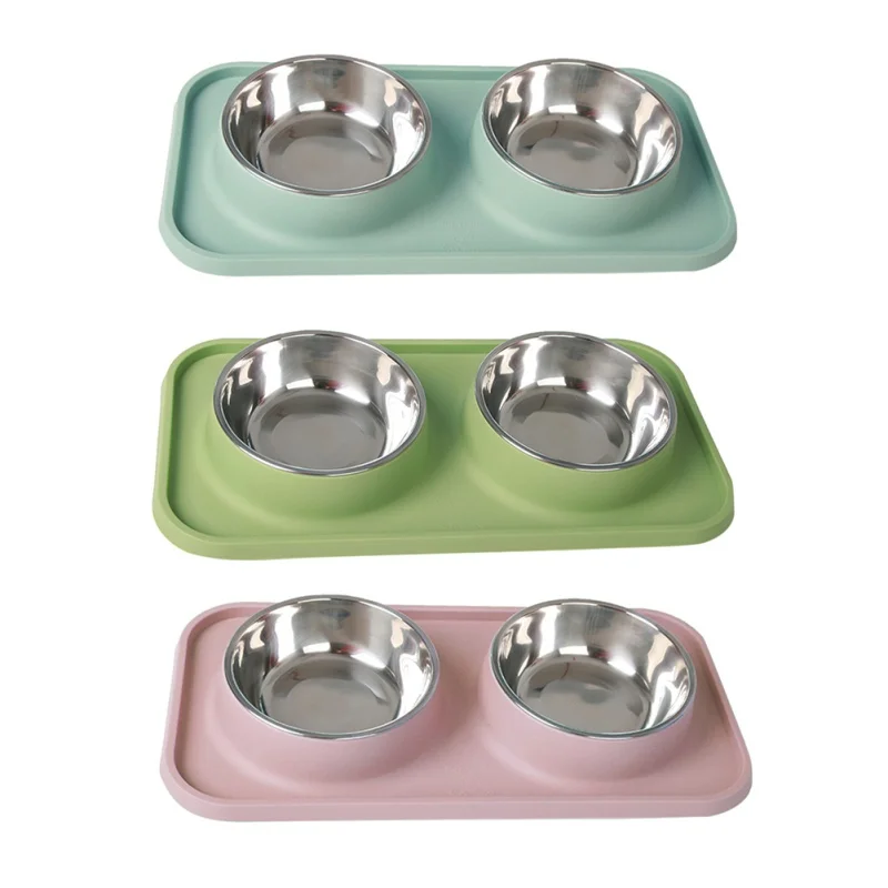 Cat and Dog Bowls and Silicone Feeding Mat Set Stainless Steel Feeding Bowl 2 Food Dish Slip Resistant Raised Edges Base Mat - imagen 5