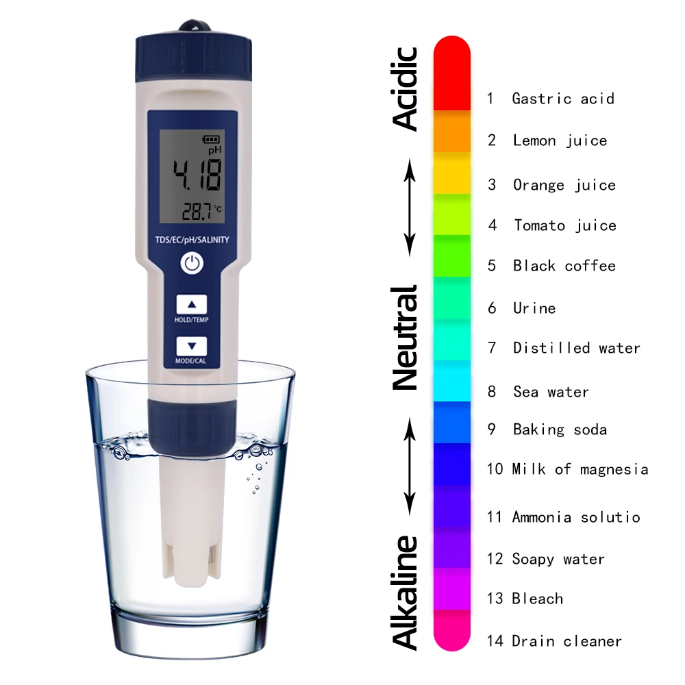 Probador de Calidad del Agua 5 en 1 EC TDS, medidor de pH de temperatura de salinidad para alimentos, bebidas, contenido de sal, medidor ATC de agua de mar para acuario - imagen 4