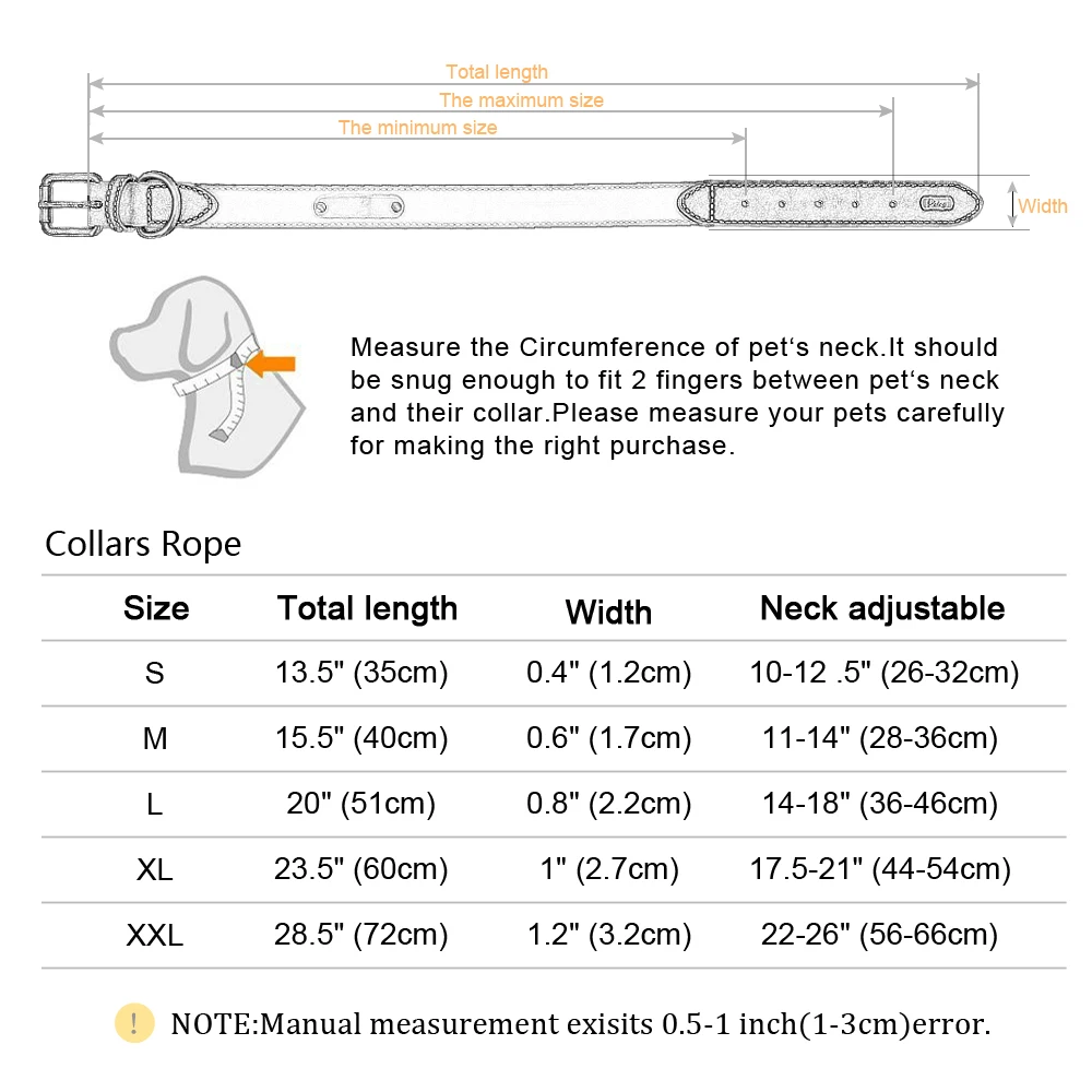 Tabla de tallas del collar de cuero con medidas de cuello