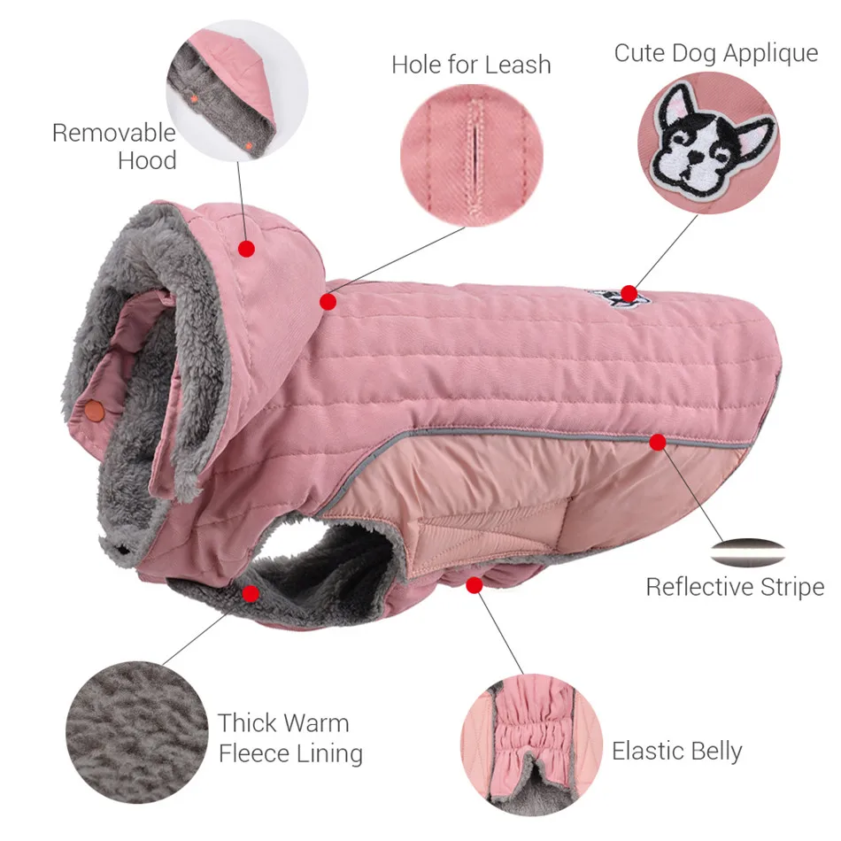 Ropa de invierno para perros, ropa cálida de lana gruesa para perros, chaqueta de invierno para perros, abrigo acolchado reflectante ajustable para el vientre, capucha extraíble - imagen 3