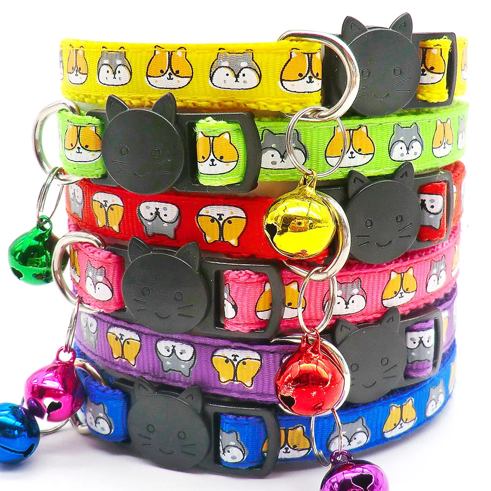 100 Uds Collar de perro gato con campana estampado de dibujos animados correa para el cuello gatito cachorro gato Collar de mascota ID hebilla de plástico ajustable suministros para mascotas
