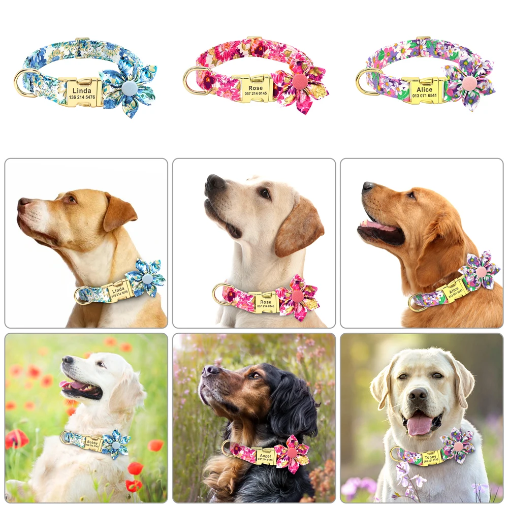 Collar de nailon con estampado Floral para perro, Collar personalizado con nombre para cachorro, perros pequeños, medianos y grandes, S, M y L - imagen 4