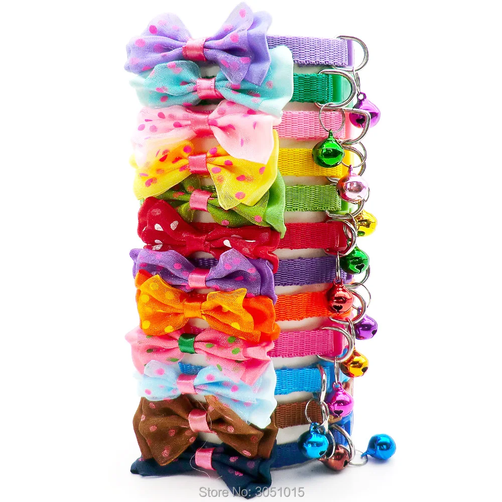 wholesale Collar de perro de poliéster ajustable de 100 piezas para mascotas personalizado con collar con colgante de campana con lazo para perros y gatos pequeños - imagen 4