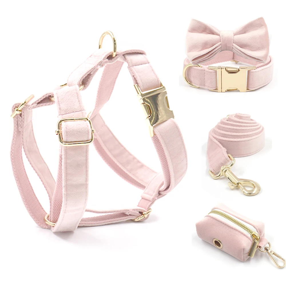 Arnés de perro de terciopelo rosa, Collar de lujo grueso personalizado para perros, Collar y correa para perro acolchado suave ajustable, conjunto para mascota femenina - imagen 3