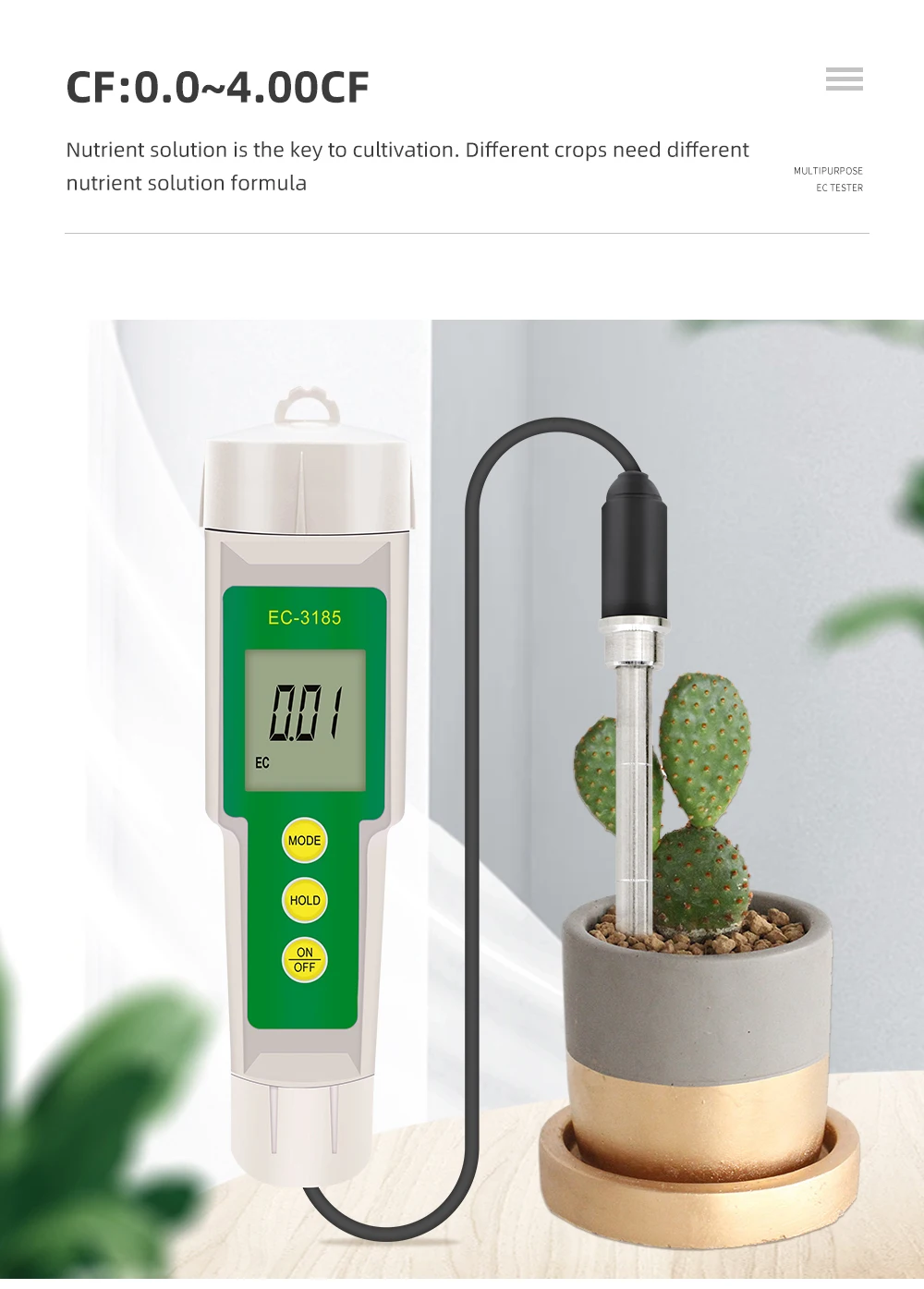 Probador de suelo impermeable EC-3185, medidor de suelo EC/TDS/CF con sonda de alta calidad para cultivo en invernadero y horticultura - imagen 4