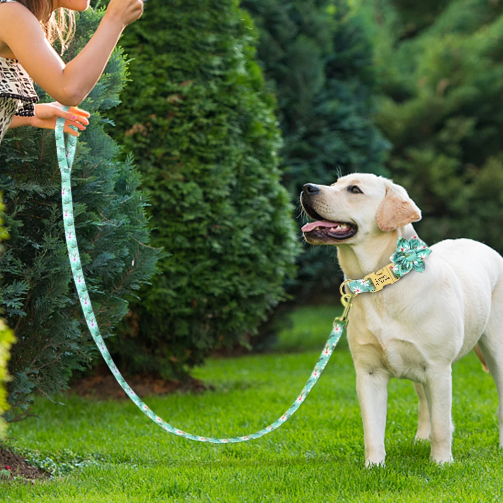 Conjunto de Collar y correa con estampado de flores para perro, Collar de nailon personalizado con etiqueta de identificación para mascotas, cuerda de plomo para caminar para perros pequeños, medianos y grandes - imagen 5