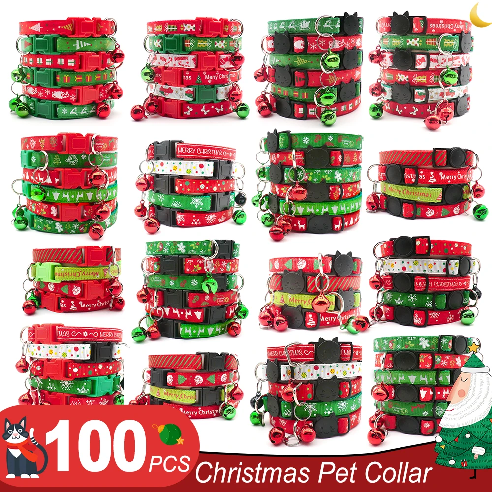 Collares de Navidad para mascotas, accesorios de animales de punto, pajarita de vacaciones, correa de cuello ajustable, Festival de aseo feliz, 100 Uds.