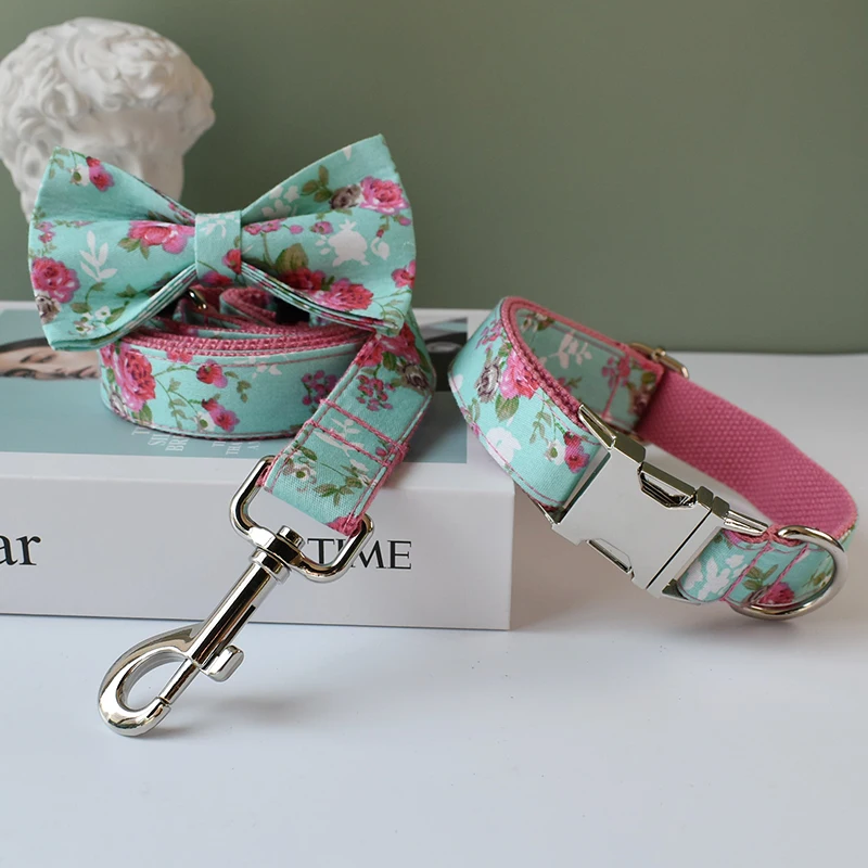 Conjunto de collar y correa para perro, suministros personalizados grabados, accesorios personalizados, flores para niña y perro 09