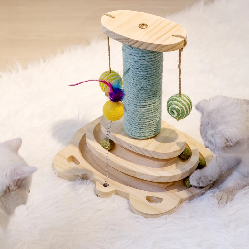 Poste rascador de madera para gatos, juguete rascador de Sisal con pistas de 2/3 capas, juguete giratorio para gatos con bolas interactivas - imagen 4