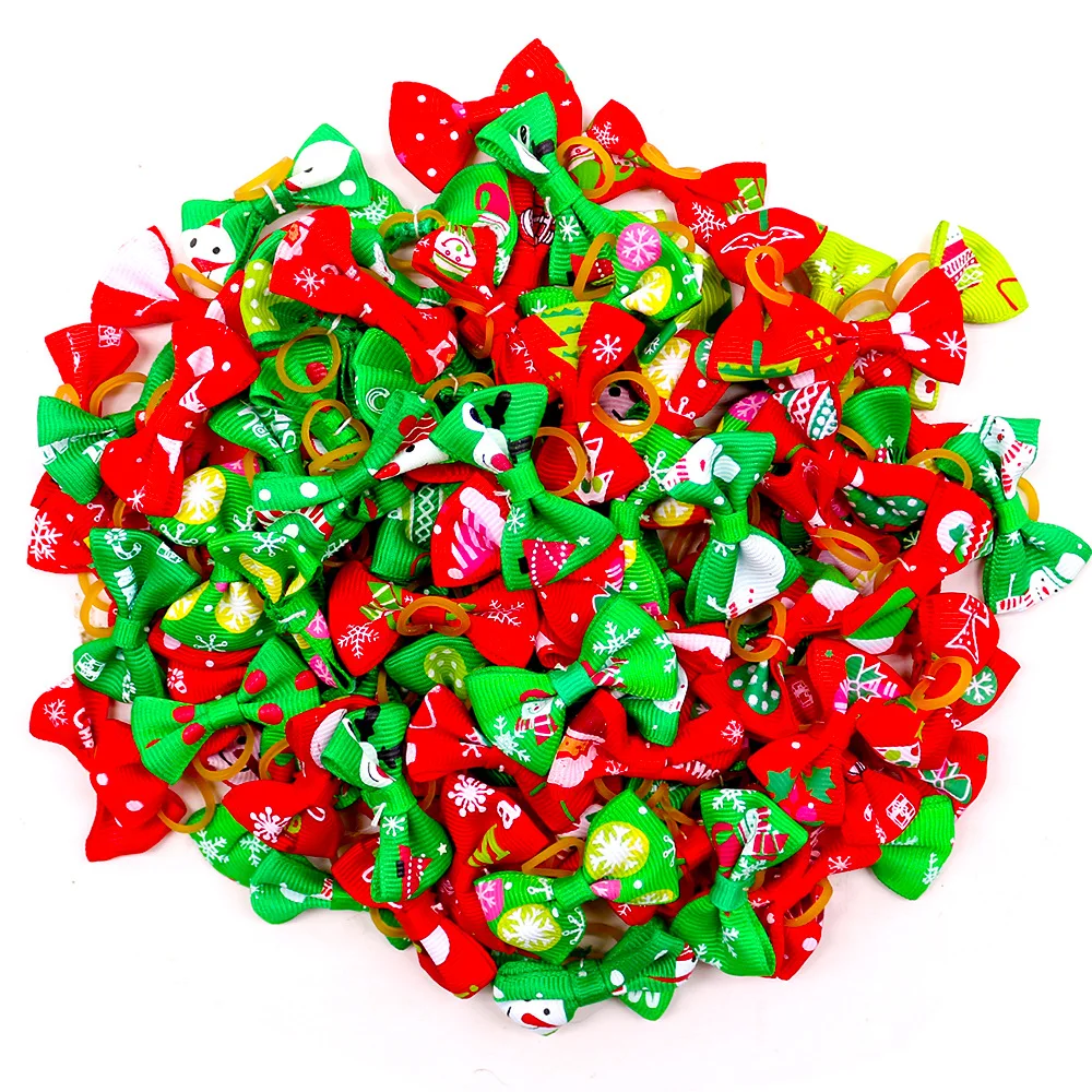 Lazos navideños para perros y gatos, accesorios para el cabello para cachorros, alce, nieve con bandas de goma, tocado para mascotas, Collar para perros, lote de 20 unidades - imagen 2
