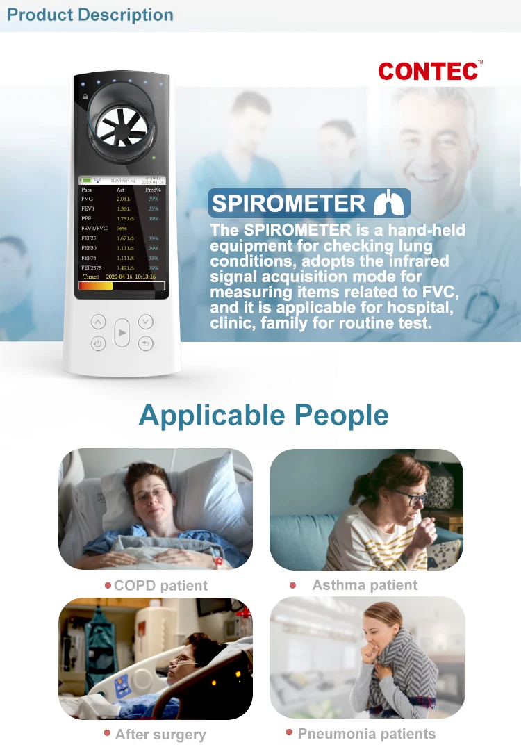 CONTEC SP80B Espirómetro Medidor de flujo de pico digital portátil Probador Bluetooth para función de volumen pulmonar Pantalla a color - imagen 4