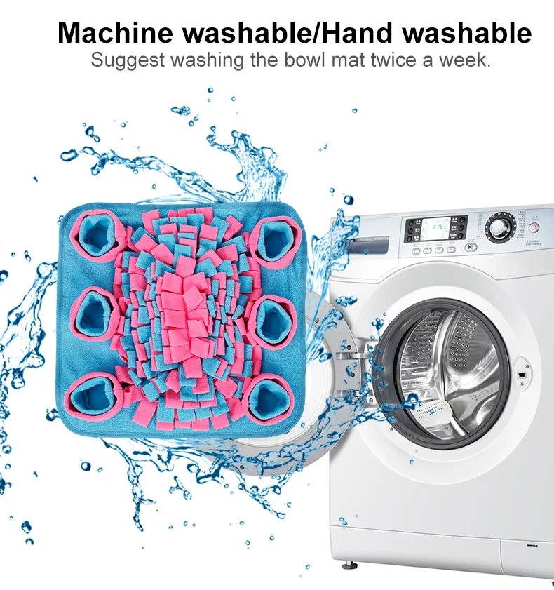 Una lavadora de la que sale agua y un primer plano de una alfombrilla con superficie texturizada. La alfombra parece estar hecha de un material que se puede lavar a máquina y a mano, como lo indica el texto en la imagen.