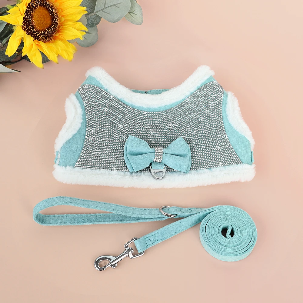 Arnés de invierno con diamantes de imitación para perro y gato, conjunto de correa, ropa para cachorro, abrigo de lana para mascotas, chaleco para perros pequeños, Chihuahua, Yorkie - imagen 4