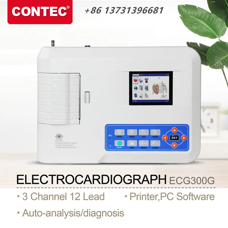 CONTEC-máquina Digital ECG300G, electrocardiógrafo de 3 canales, 12 cables, ECG/EKG, uso humano o veterinario - imagen 2