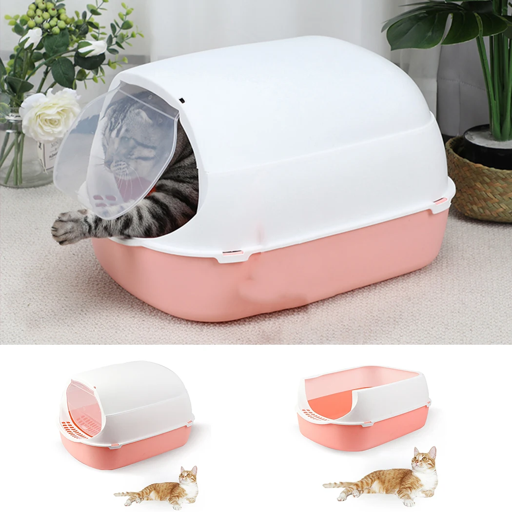 Caja de arena para gatos, paredes altas con capucha de plástico, caja para orinal de gatito, bandeja para arena para mascotas, accesorios para inodoro